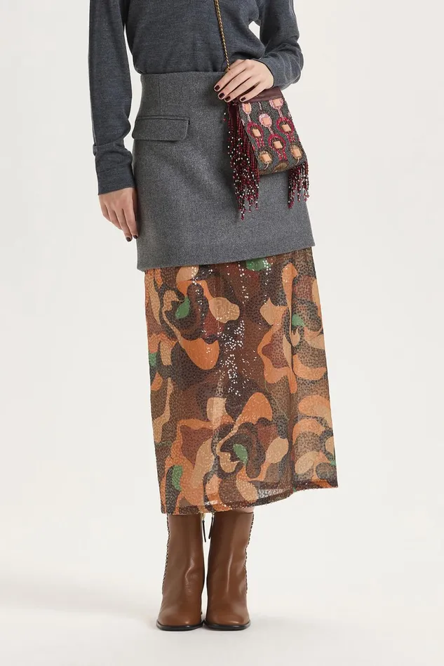 Women Malparmi Skirts Carved Rose Sequins Skirt Orangeblackbrown