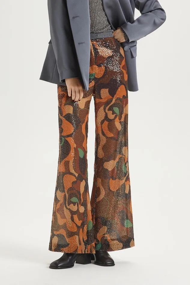 Women Malparmi Trousers Carved Rose Sequins Trousers Orangeblackbrown