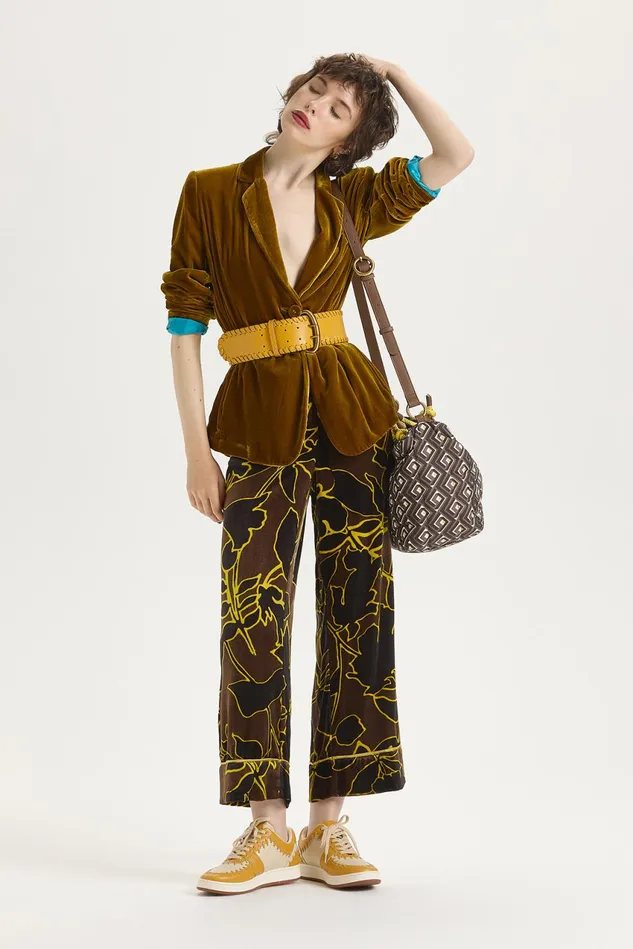 Women Malparmi Trousers Velvet Prints Trousers Brownblackyellow