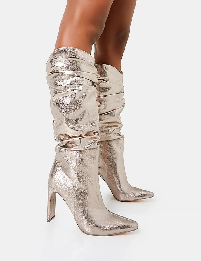 Women Manhattan Pewter Pointed Toe Knee High Narrow Block Heel Boots Silver Public Desire Metallics