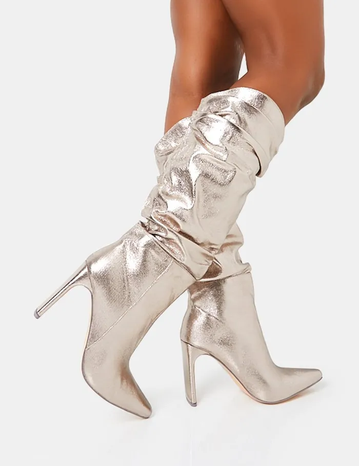 Women Manhattan Pewter Pointed Toe Knee High Narrow Block Heel Boots Silver Public Desire Metallics