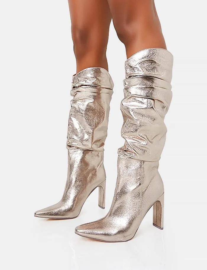 Women Manhattan Pewter Pointed Toe Knee High Narrow Block Heel Boots Silver Public Desire Metallics