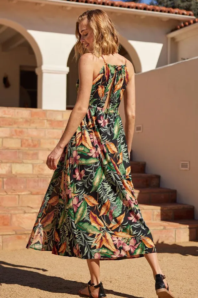Women Maxi Dresses Cupshe Asia Halter Neck Fitted Waisted Tropical Plants Dress Multicolor