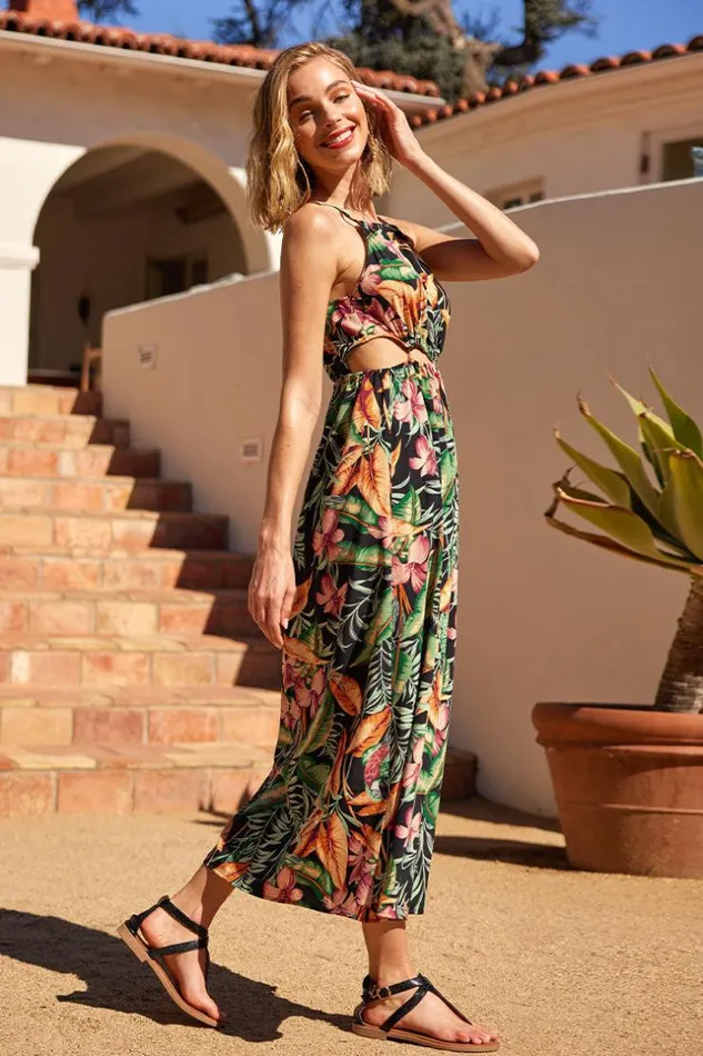 Women Maxi Dresses Cupshe Asia Halter Neck Fitted Waisted Tropical Plants Dress Multicolor