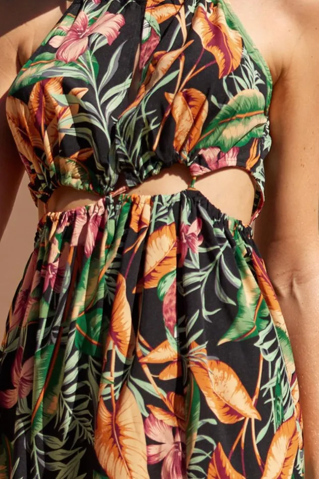 Women Maxi Dresses Cupshe Asia Halter Neck Fitted Waisted Tropical Plants Dress Multicolor