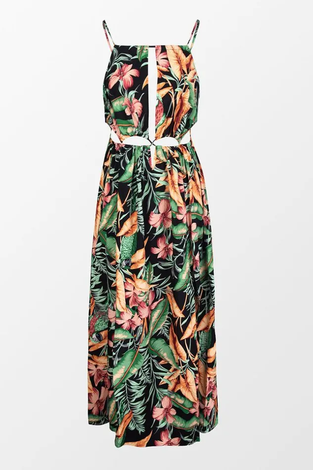 Women Maxi Dresses Cupshe Asia Halter Neck Fitted Waisted Tropical Plants Dress Multicolor