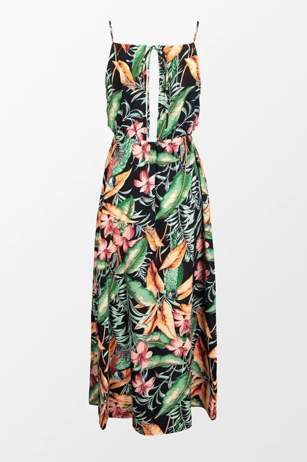 Women Maxi Dresses Cupshe Asia Halter Neck Fitted Waisted Tropical Plants Dress Multicolor