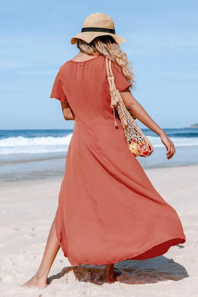 Women Maxi Dresses Cupshe Guadalupe Short Sleeve Button Split Maxi Dress Orange