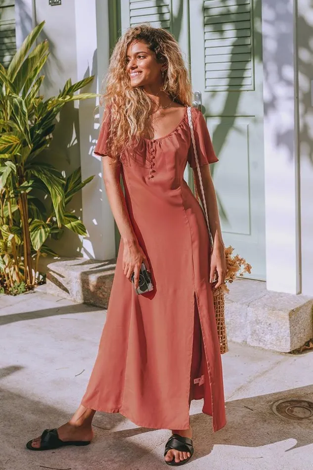 Women Maxi Dresses Cupshe Guadalupe Short Sleeve Button Split Maxi Dress Orange