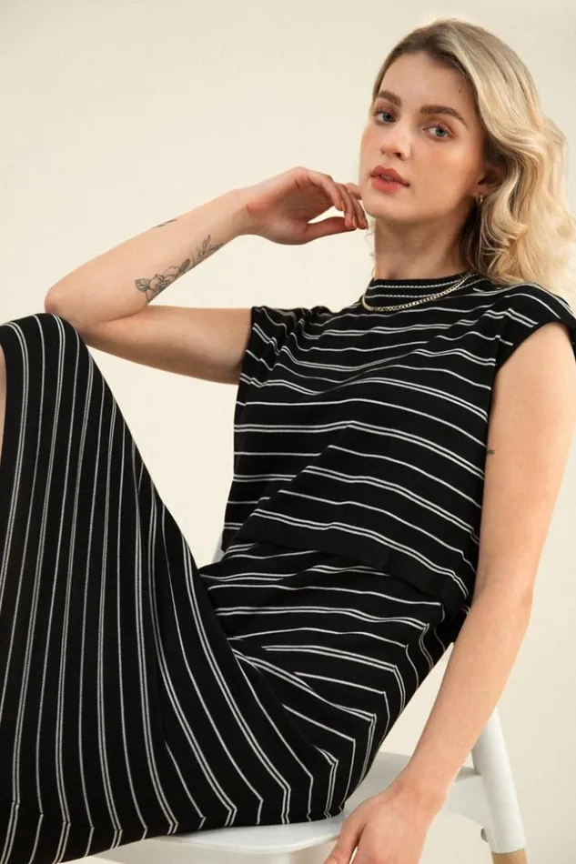 Women Maxi Dresses Cupshe Tuesday Striped Cap Sleeve Midi Dress Black