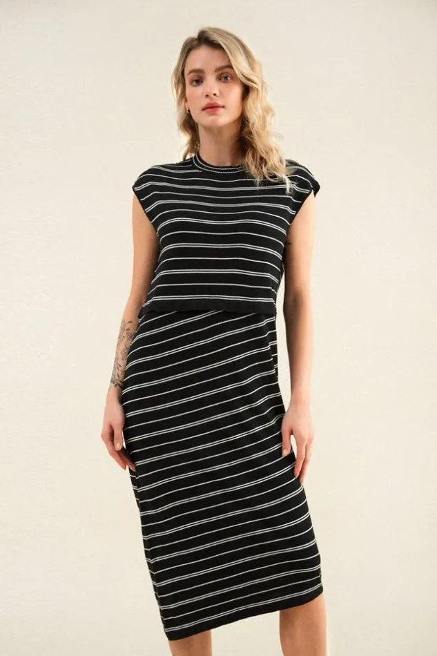 Women Maxi Dresses Cupshe Tuesday Striped Cap Sleeve Midi Dress Black