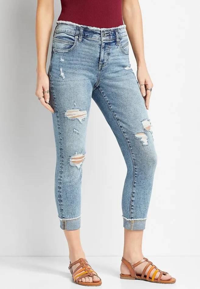 Women Medium Wash Frayed Waist Cropped Jean Maurices Bottoms
