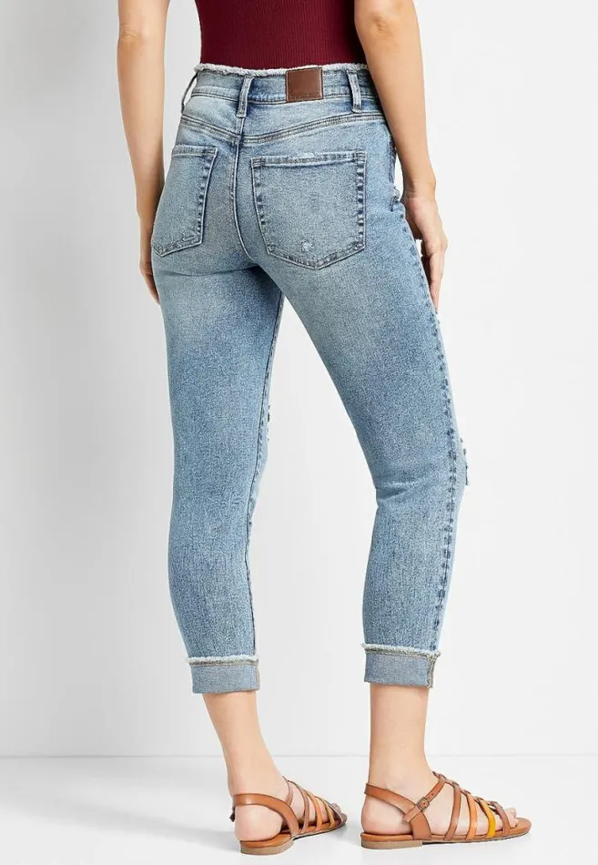 Women Medium Wash Frayed Waist Cropped Jean Maurices Bottoms