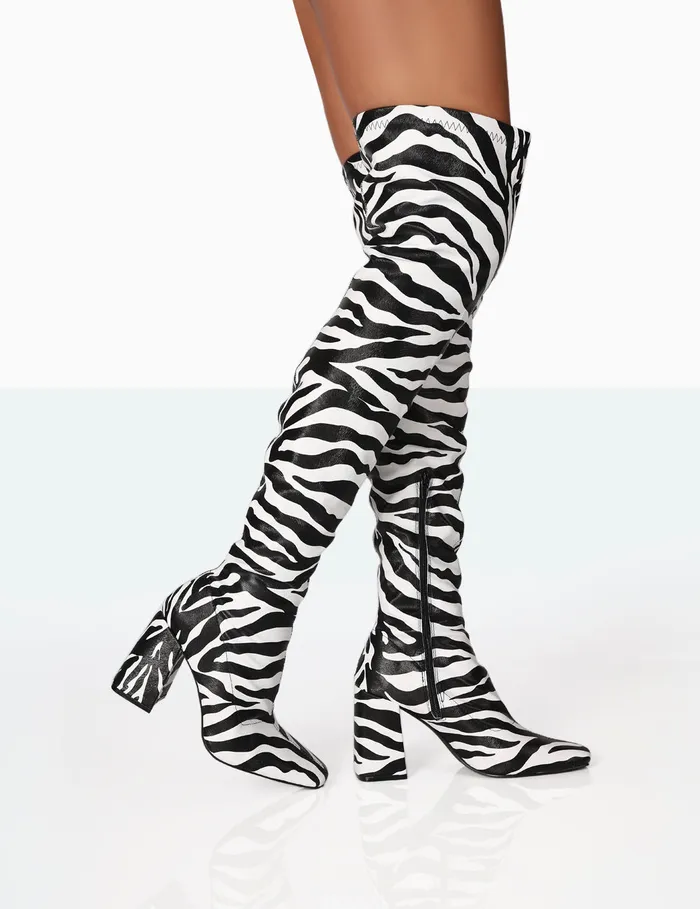 Women Meridian Zebra Grain PU Block Heel Knee High Boots Monochrome Public Desire Long Boots Women Meridian Zebra Grain PU Block Heel Knee High Boots Monochrome Public Desire Long Boots
