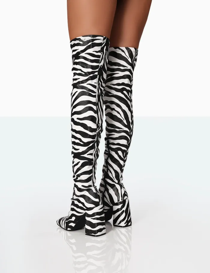 Women Meridian Zebra Grain PU Block Heel Knee High Boots Monochrome Public Desire Long Boots
