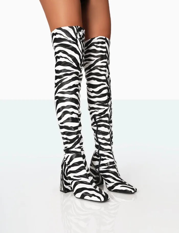 Women Meridian Zebra Grain PU Block Heel Knee High Boots Monochrome Public Desire Long Boots