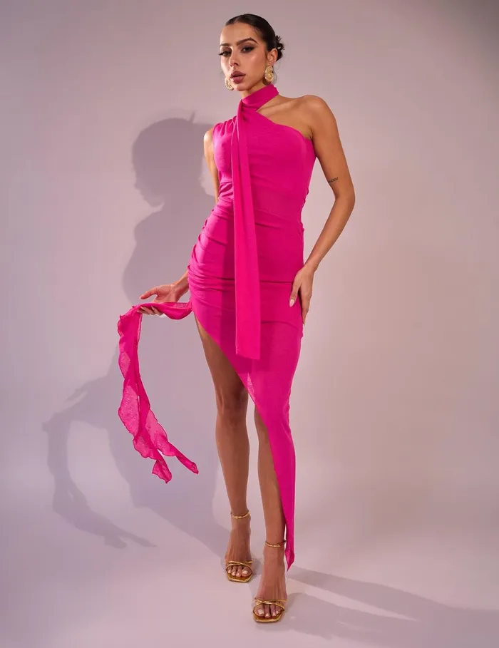 Women Mesh Choker Detail Asymmetric Pink Dress Pink Public Desire Occasion