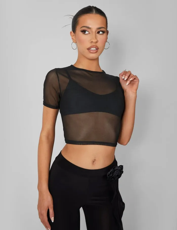 Women Mesh Fitted TShirt Black US Black Public Desire Tops
