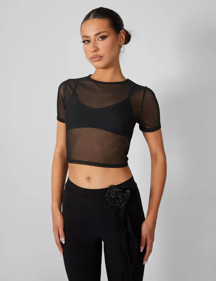 Women Mesh Fitted TShirt Black US Black Public Desire Tops