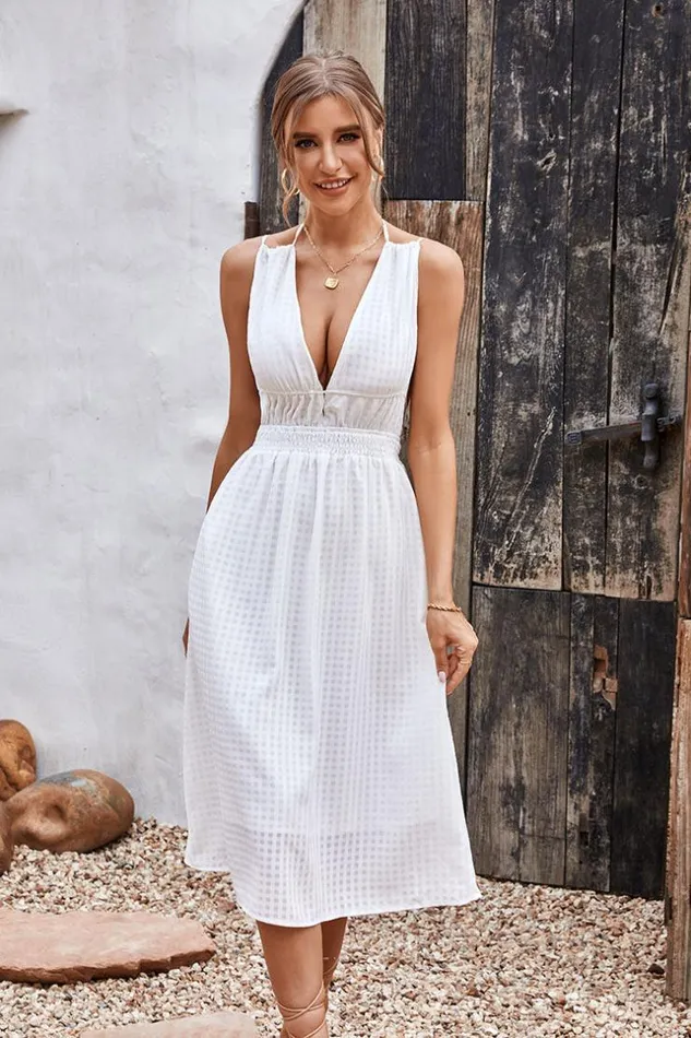 Women Midi Dresses Cupshe Cable Beach Vneck Tie Waist AShape Dress White