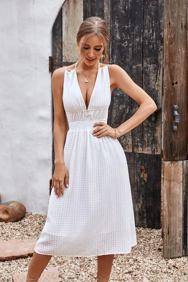 Women Midi Dresses Cupshe Cable Beach Vneck Tie Waist AShape Dress White