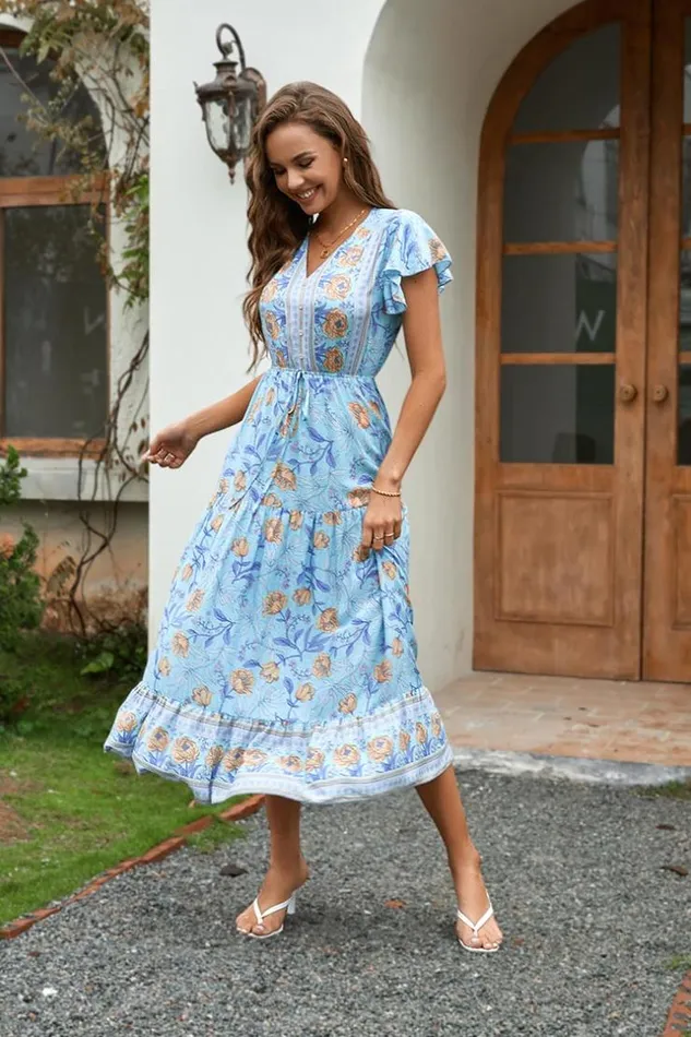 Women Midi Dresses Cupshe Lucky Bay Tie Elastic Waist AShape Dress Multicolor