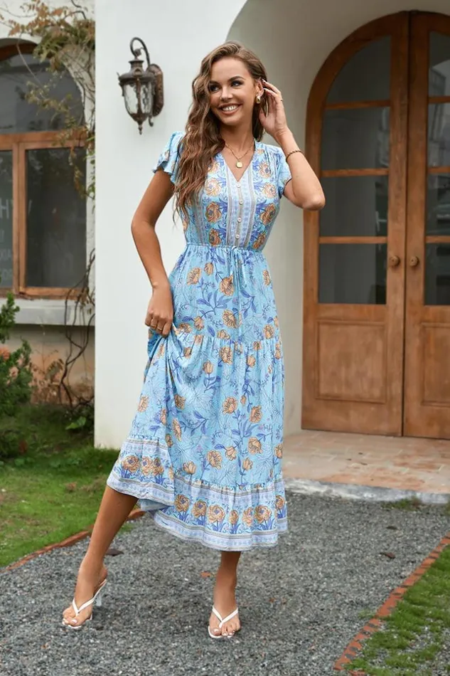 Women Midi Dresses Cupshe Lucky Bay Tie Elastic Waist AShape Dress Multicolor