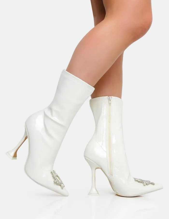 Women Modena Ecru Patent Diamantie Broach Cake Stand Heel Sock Ankle Boot Neutral Public Desire Sock Boots