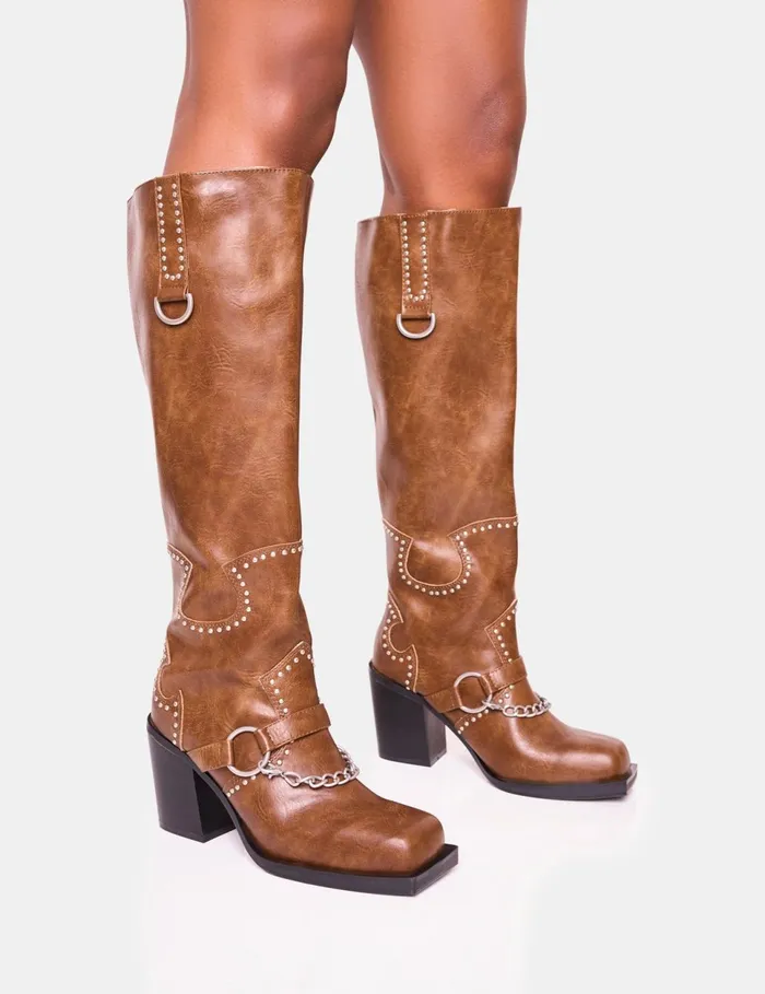 Women Nashville Vintage Brown Western Knee High Boot Brown Public Desire Festival