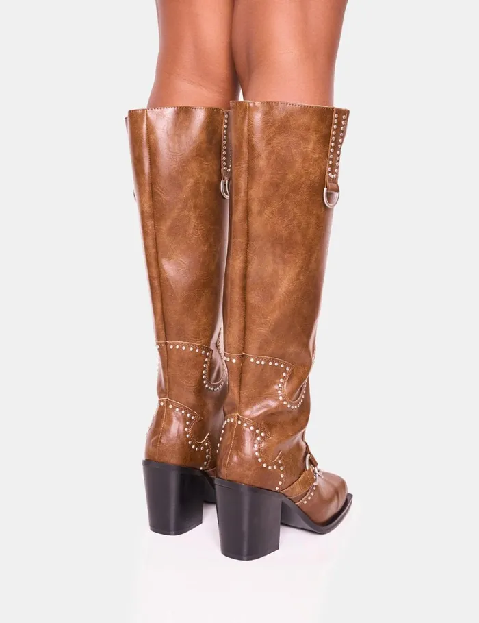 Women Nashville Vintage Brown Western Knee High Boot Brown Public Desire Festival