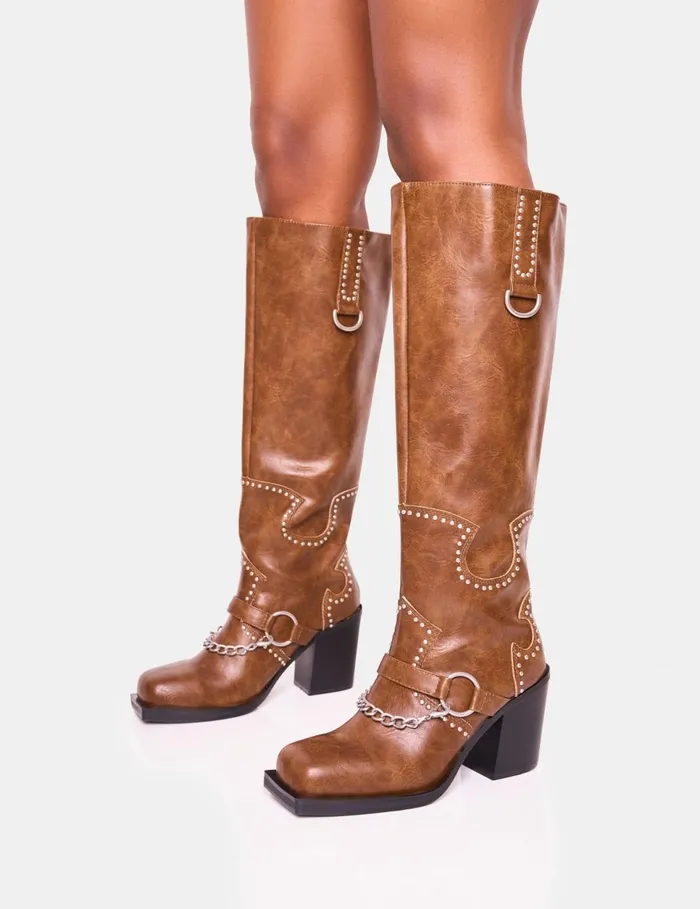 Women Nashville Vintage Brown Western Knee High Boot Brown Public Desire Festival