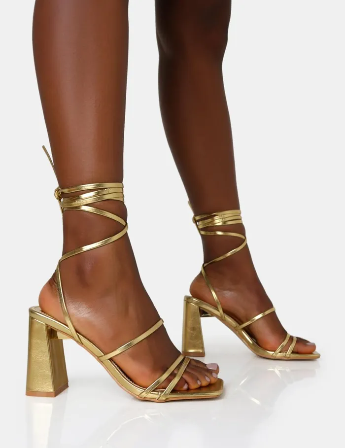 Women Natty Gold Pu Lace Up Square Toe Mid Block Heels Gold Public Desire Party Women Natty Gold Pu Lace Up Square Toe Mid Block Heels Gold Public Desire Party