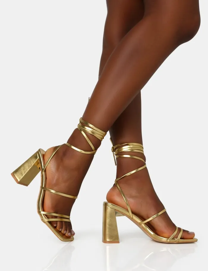 Women Natty Gold Pu Lace Up Square Toe Mid Block Heels Gold Public Desire Party