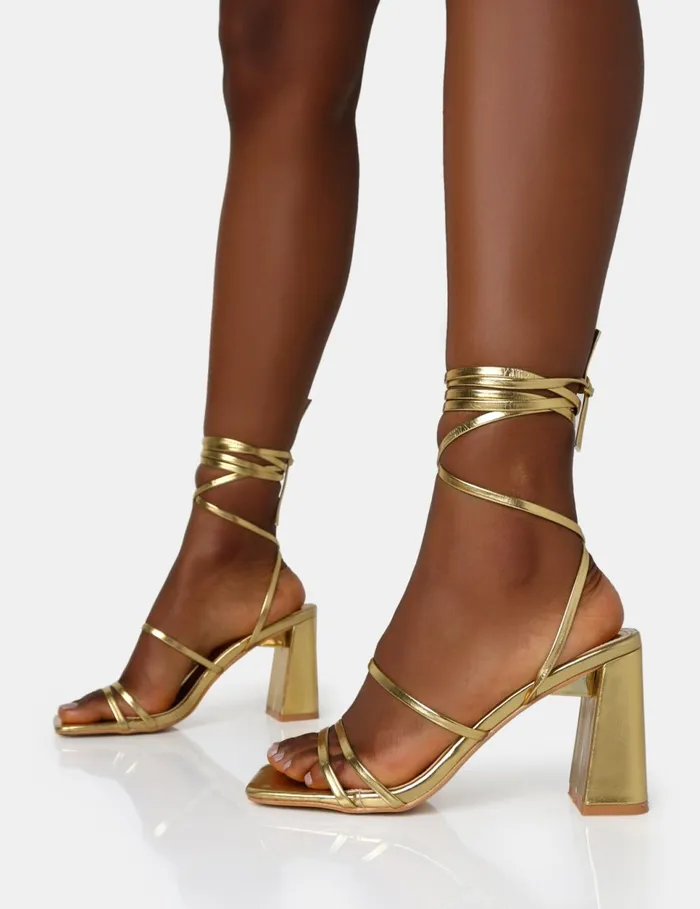 Women Natty Gold Pu Lace Up Square Toe Mid Block Heels Gold Public Desire Party
