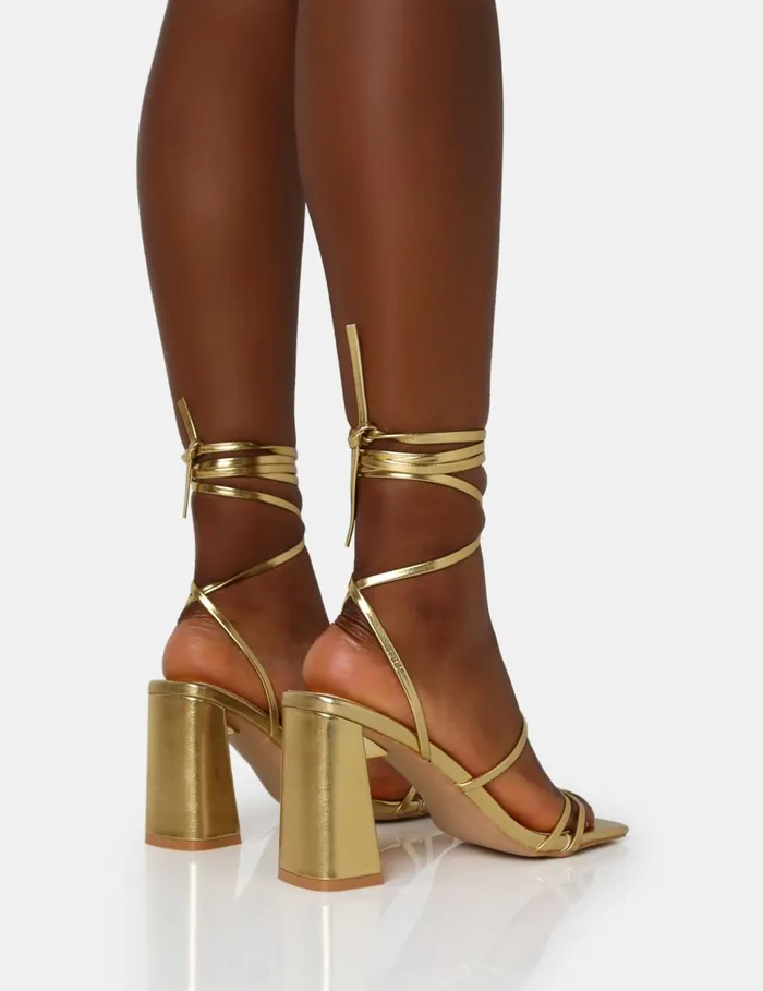 Women Natty Gold Pu Lace Up Square Toe Mid Block Heels Gold Public Desire Party