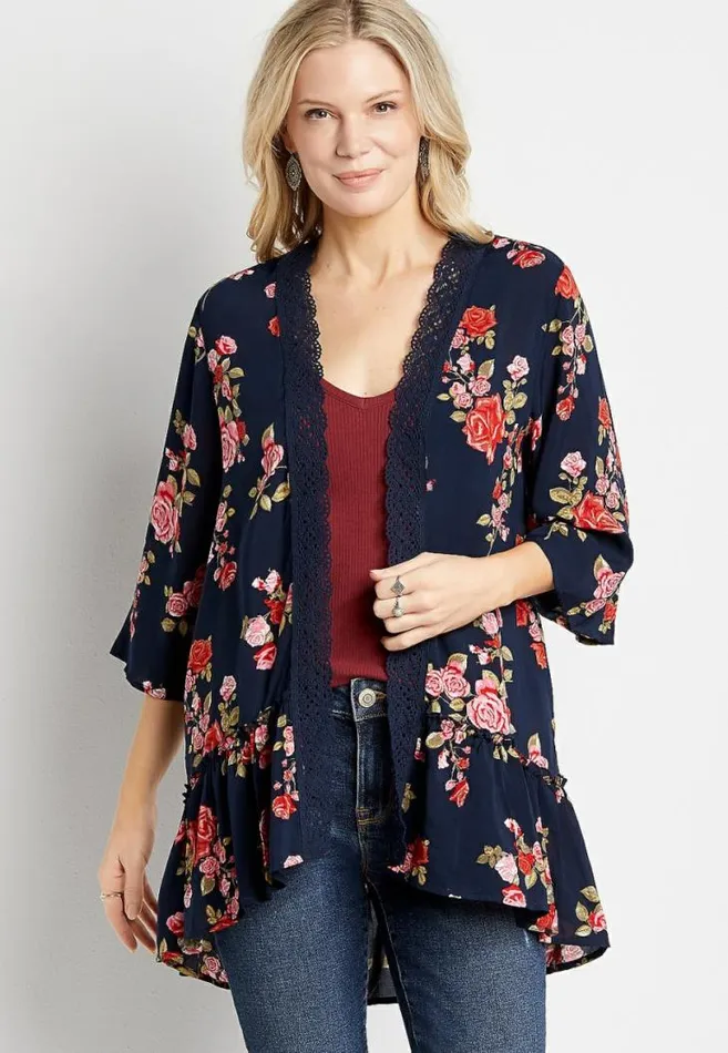 Women Navy Floral Crochet Trim Kimono Maurices Tops