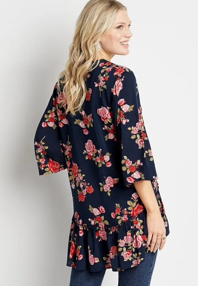 Women Navy Floral Crochet Trim Kimono Maurices Tops