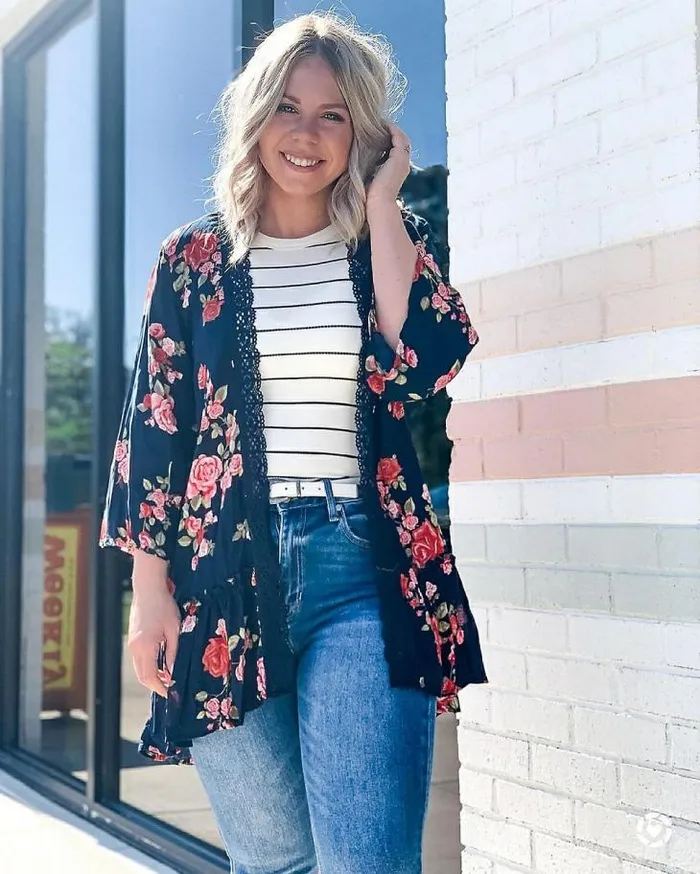 Women Navy Floral Crochet Trim Kimono Maurices Tops