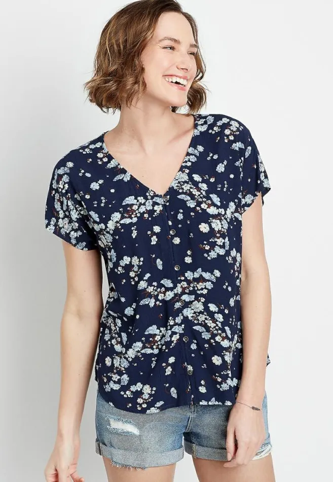 Women Navy Floral Short Sleeve Button Down Shirt Maurices Tops