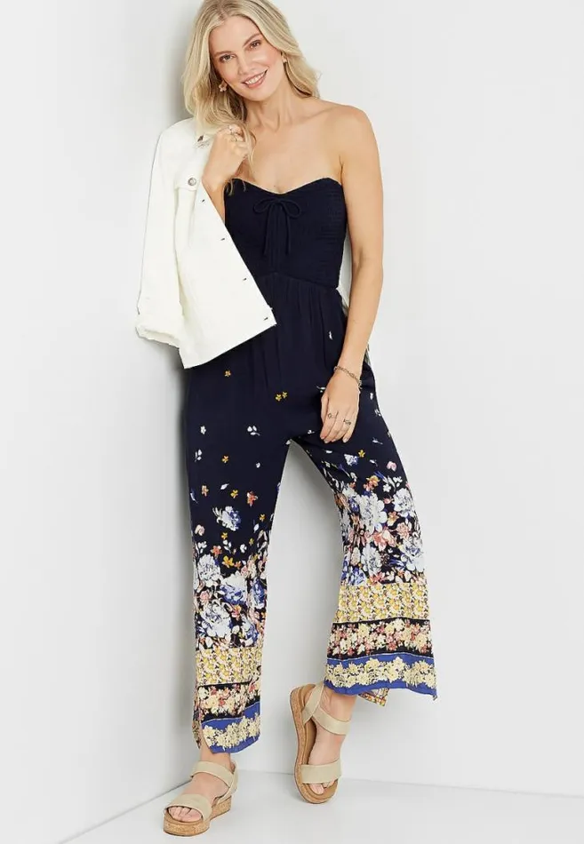 Women Navy Floral Strapless Smocked Jumpsuit Maurices Dresses and Jumpsuits
