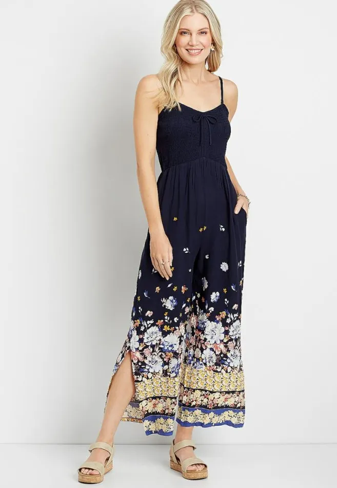 Women Navy Floral Strapless Smocked Jumpsuit Maurices Dresses and Jumpsuits