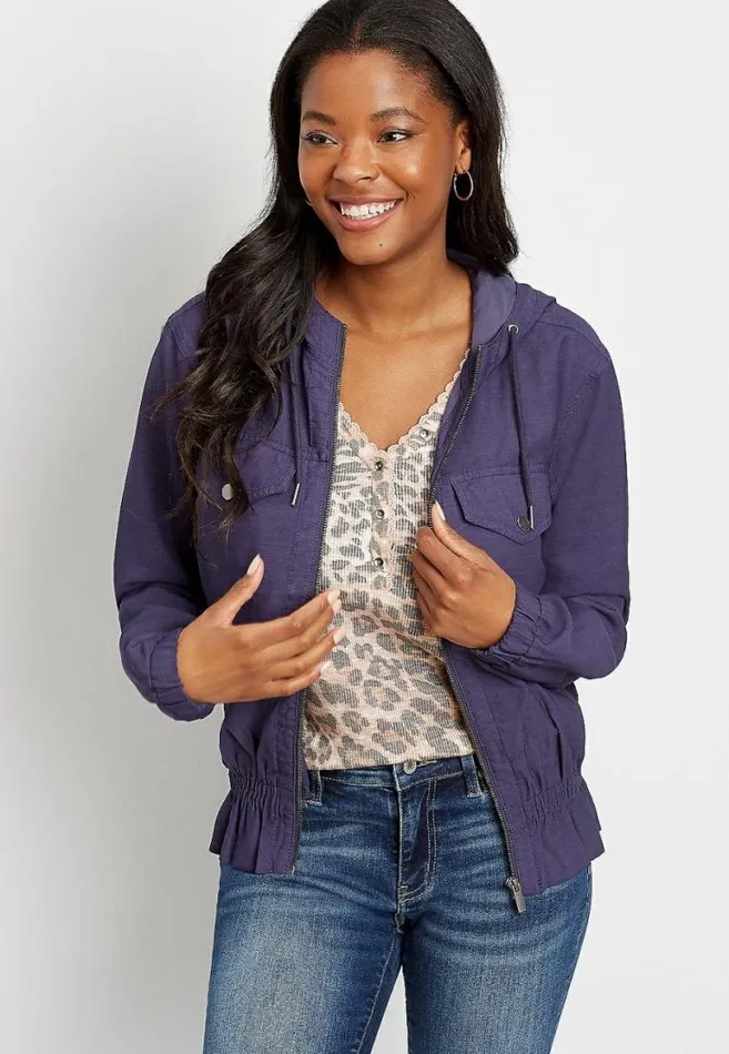 Women Navy Hooded Cropped Military Jacket Maurices Tops