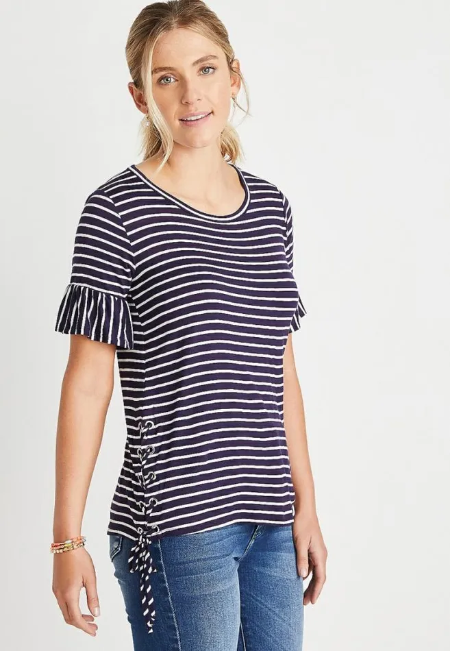 Women Navy Stripe Lace Up Side Top Maurices Tops