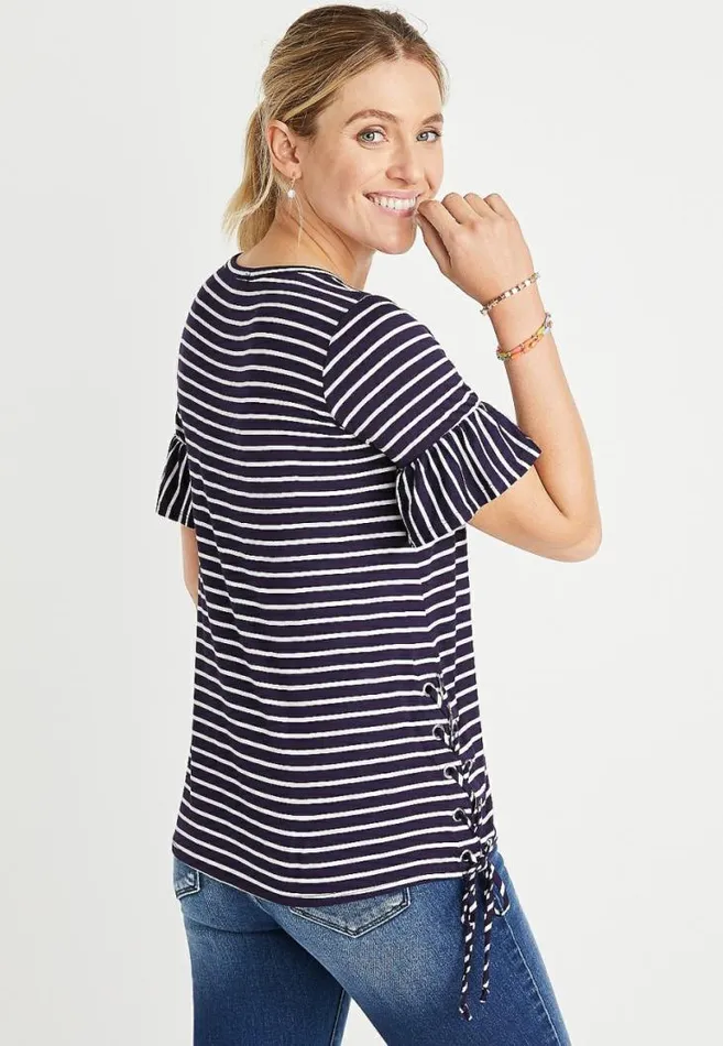 Women Navy Stripe Lace Up Side Top Maurices Tops