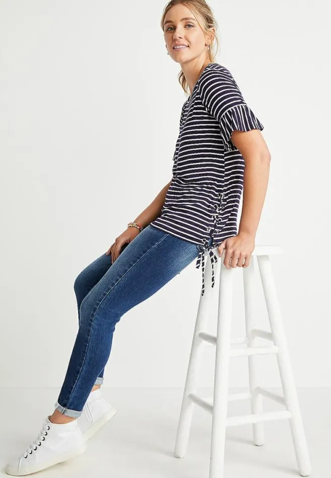 Women Navy Stripe Lace Up Side Top Maurices Tops