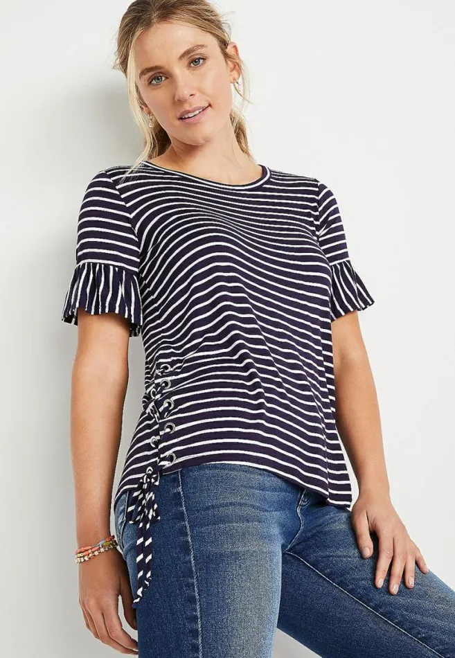 Women Navy Stripe Lace Up Side Top Maurices Tops