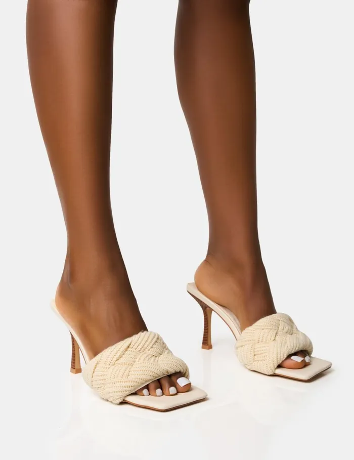 Women Nectar Cream Wooden Stack Knitted Square Toe Heels Neutral Public Desire Holiday Women Nectar Cream Wooden Stack Knitted Square Toe Heels Neutral Public Desire Holiday
