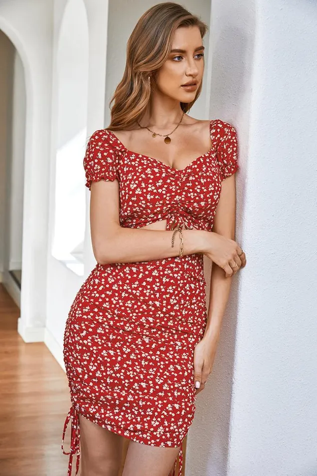 Women New In Dresses Cupshe Augusta Vneck Bubble Sleeve Ruched Ditsy Twopiece Dress Red