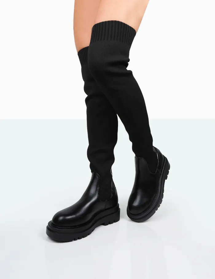 Women NewMe Over The Knee Chunky Sock Fit Boots Black Public Desire Over The Knee Boots
