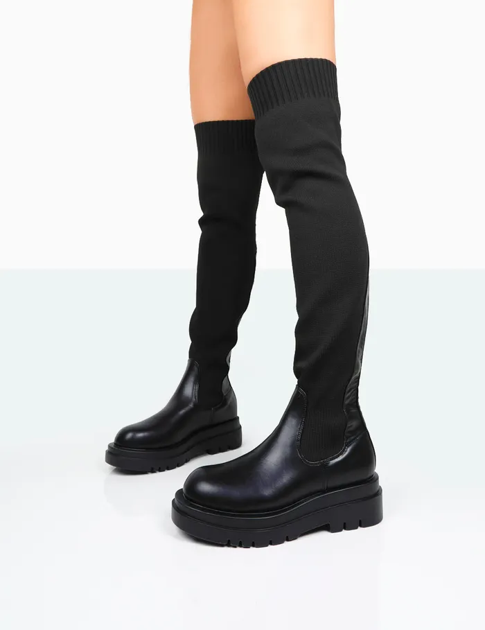 Women NewMe Over The Knee Chunky Sock Fit Boots Black Public Desire Over The Knee Boots